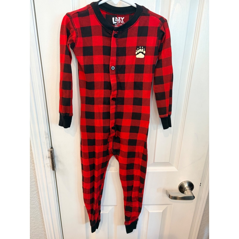 Lazy One Union Suit Red Black Buffalo Plaid Bear Cheeks Pajamas 4T